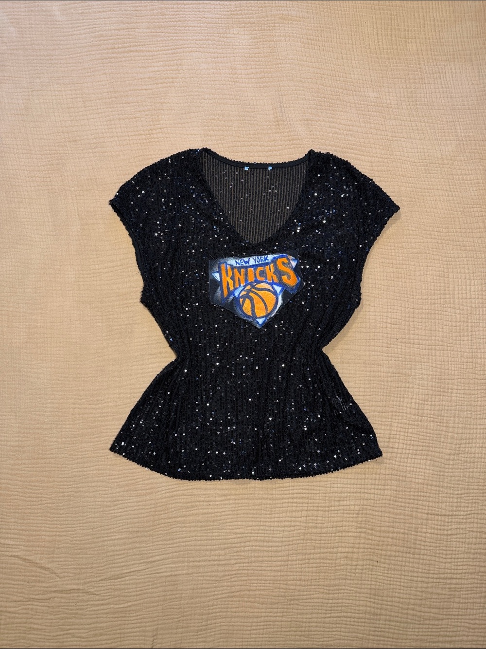Custom Made Black Sequin New York Knicks Sleeveless Top with Hand Painted Logo